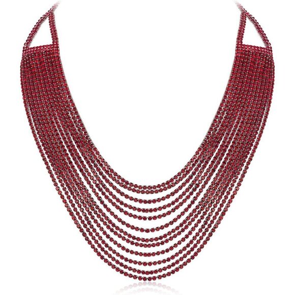 No Brand Jewelry - 🆕 Women Red Multi Layered Chunky Collar Necklace Glitter Rhinestone Bib Jewelry
